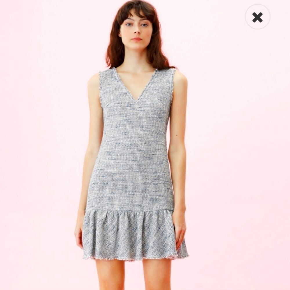 REBECCA TAYLOR Sleeveless V neck Tweed blue grey Ruffle Hem Sheath Dress… - Picture 3 of 16